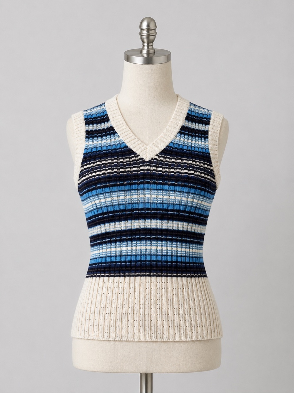 Blue & Cream Striped Knit Sweater Vest | Sleeveless V-Neck Cotton Blend Size S
